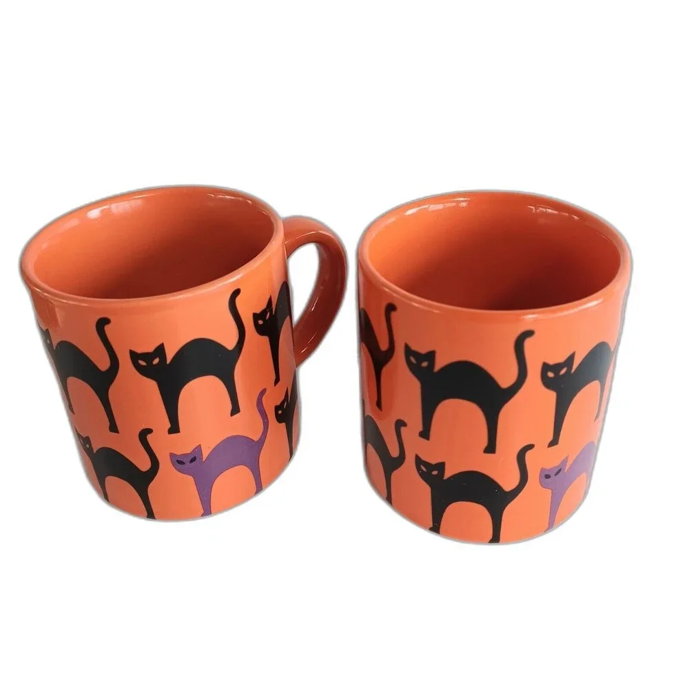 CRATE and BARREL Scaredy Cat Back Cat Small Coffee Mugs Orange Black Purple 7 oz